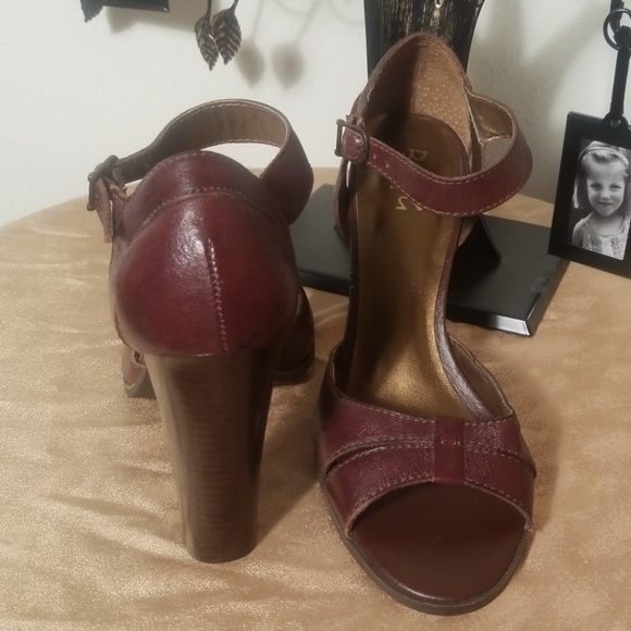 BCBG Brown Leather Open Toe Heels - Picture 2 of 4